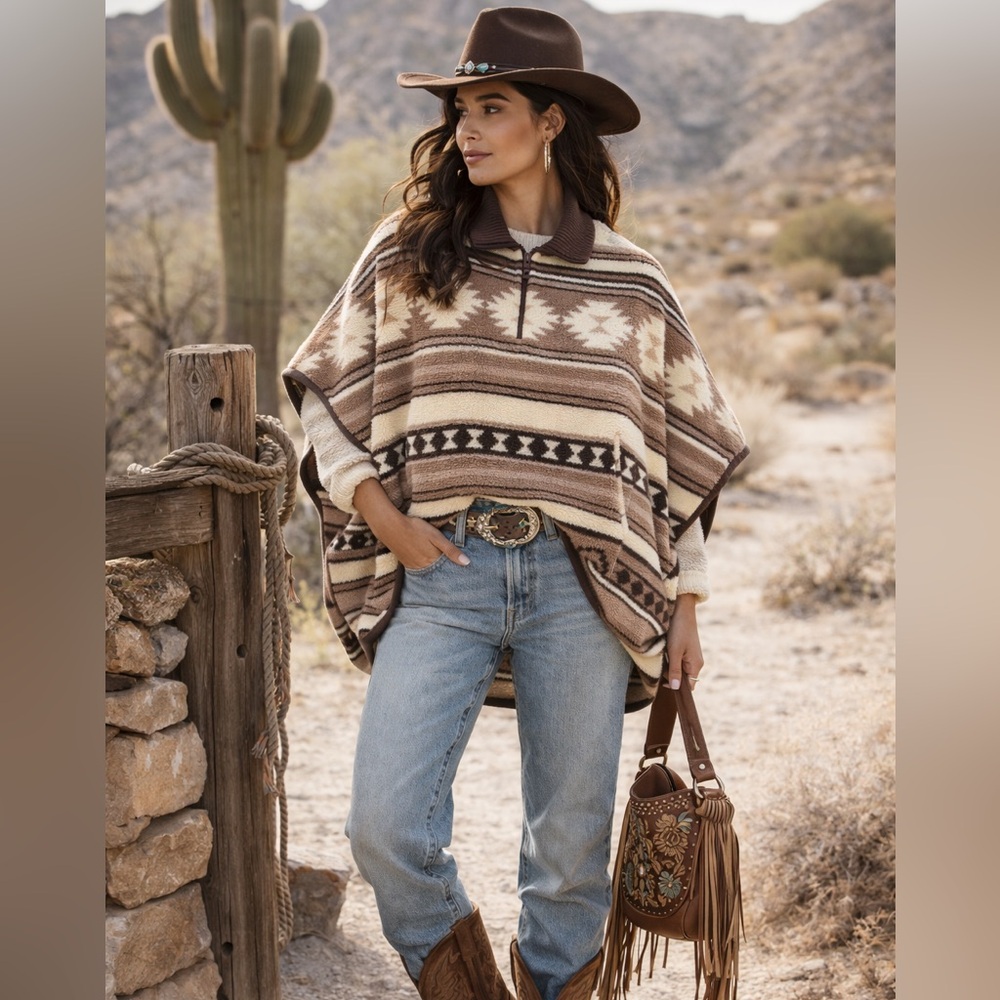 a.n.a Women’s Southwest Aztec Fleece Poncho Cape Jacket One Size Boho Western